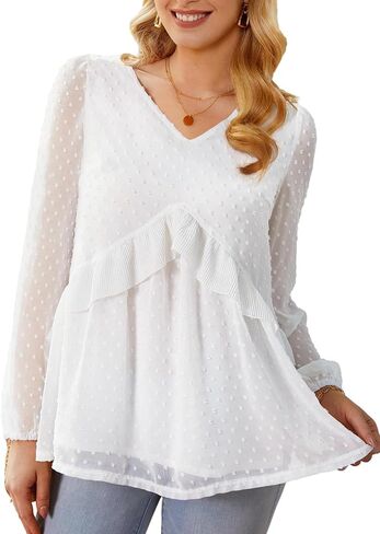 FAIRY SEASON Women's Flowy Ruffle Chiffon Tops V-Neck Swiss Dot Sheer Long Puff Sleeve Blouse Loose Babydoll Shirts in Kuwait