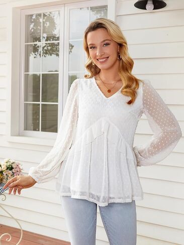 FAIRY SEASON Women's Flowy Ruffle Chiffon Tops V-Neck Swiss Dot Sheer Long Puff Sleeve Blouse Loose Babydoll Shirts in Kuwait