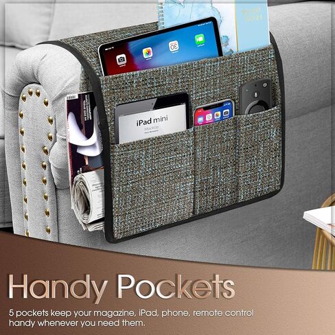 Joywell سميكة الكتان كرسي العلبة 5 جيوب حامل عن بعد على الأريكة وذراع الكرسي للتحكم عن بعد في التلفزيون، منظم مسند ذراع الأريكة للمجلات، والكتب، والهاتف الخليوي، آي باد، والقهوة in Kuwait