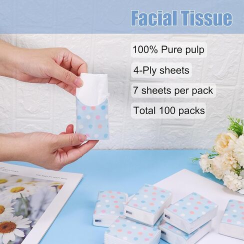 100 Pack Pocket Tissues Travel Packs Bulk Individual Small Tissue Packs 4-Ply Sheets,7 Sheets Per Pack Facial Tissues Travel Size(Dot) in Saudi Arabia