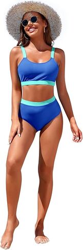 مجموعات بيكيني للنساء ملابس السباحة الرياضية عالية الخصر رقبة سكوب اللون كتلة المحاصيل الأعلى قطع عالية صفيق ثوب السباحة in Kuwait