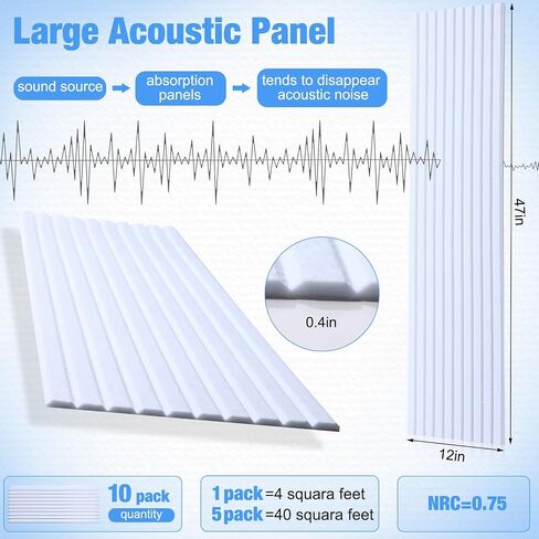 10 Packs Acoustical Wall Panel 47 x 12 x 0.4 Inch Self Adhesive Acoustical Panels Large Decorative Sound Panels Noise Reducing for Walls Home Studio Noise Reduction (White,Striped Style) in Saudi Arabia