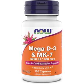 NOW Supplements, Mega D-3 & MK-7, 5000 IU / 180 mcg, Bone & Cardiovascular Support*, Vitamins K-3 & K-2, 180 Capsules