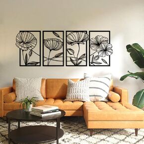 TINBECEIE 4 Pieces Wall Decor Black Metal Wall Art Minimalist Metal Flowers Wall Decor Room Bedroom Bathroom Kitchen Line Art Wall Decor