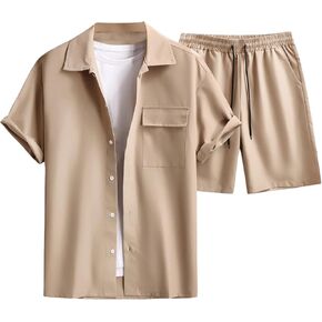 Verdusa Men's 2 Piece Outfit Short Sleeve Shirt Top and Drawstring Shorts Sets