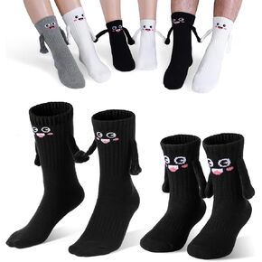 2 Pairs Smile Family Magnetic Hand Holding Socks, Kids + Adult Hand in Hand Sock Birthday Funny Gag Gifts Parent-Child