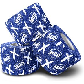 WOD Recovery Hook Grip Weightlifting Tape - Sweatproof & Chalk-Resistant, Adhesive Wrap for Thumb, Fingers, & Hands - Black/Blue/White, 1.5 Inches x 16 Feet