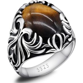 OHMMHO Solid 925 Sterling Silver Men's Ring Turkish Classic Vintage Set Brown Tiger Eye Men's Simple Jewelry