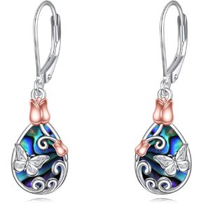 AOBOCO Butterfly/Dragonfly/Bee Leverback Earrings 925 Sterling Silver Rose Lotus Tulip Flower Filigree Dangle Earrings Teardrop Moonstone Larimar Turquoise Abalone Shell Jewelry Birthday Gifts for Women Girls