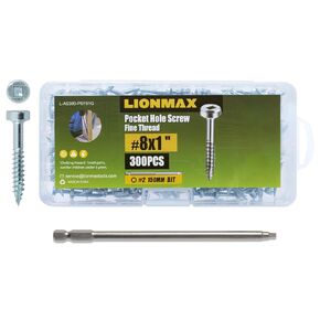 LIONMAX Pocket Hole Screws Fine Thread #8 x 1-1/4 Inch, 600PCS Pocket Wood Screws Washer Head, Square Drive, for Hardwood Pocket Hole, Zinc Plated, 150MM Drive Bit Included