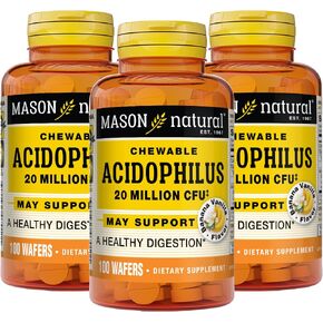 MASON NATURAL Acidophilus 20 Million CFU - A Healthy Digestion, Improved Gastrointestinal Health, Vanilla Banana Flavor, 100 Chewables (Pack of 3)