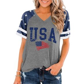 American Flag Shirts Women Patriotic Shirt 4th of July Tee Tops V-Neck Short Sleeve Summer T-Shirt