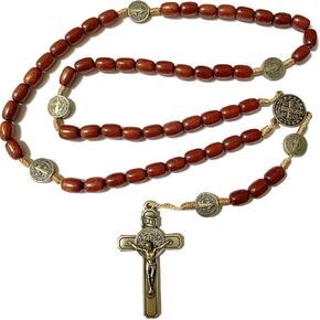 Silver Cross Necklace with Wood Beads Rosary I Religious Wear Saint Benedict I Black Cross Necklace for Men and Women I Wooden Cross Necklace for Men I Silver Cross Necklace - 20 Inch