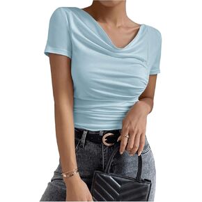 SOLY HUX Women's Cowl Neck Ruched Short Sleeve T Shirt Summer Solid Tee Tops