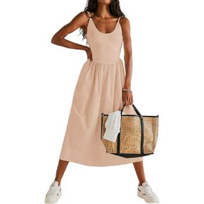 Fisoew Womens Summer Cami Dress V Neck Backless Adjustable Straps Sleeveless A Line Dress with Pocket