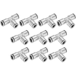 uxcell 5/16 Inch OD Tee Push to Connect Tube Fittings Nickle-Plated Brass Quick Connect 3 Way Union Tee Air Line Fittings, Silver 10Pcs