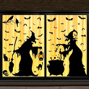 Halloween Decorations Window Clings - Large Witches with Cauldron Bats Spider Black Cat Silhouette Halloween Window Stickers Decals for Home Indoor Office Party Decor Supplies