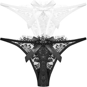 khuteluk Thongs for Womens Underwear - Lace Panties with Bow,Low Rise G String Breathable Cotton Thongs for Women