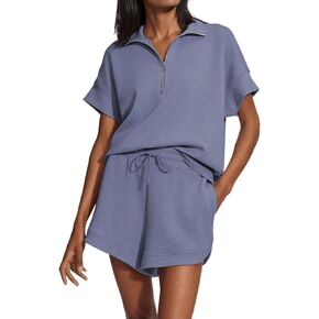 SAFRISIOR Women 2 Piece Outfits Tracksuit Half Zip Short Sleeve Sweatshirt Top Drawstring Shorts Summer Lounge Set
