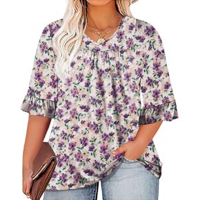 Micoson Plus Size Tops for Women 3/4 Ruffle Sleeve Shirt Casual V Neck Pleated T Shirt Loose Fit Tunic Blouse