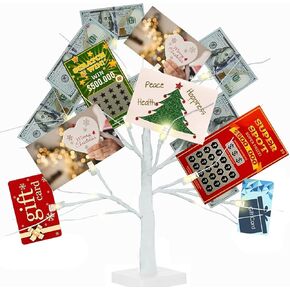 Money Tree Gift Holder, 2FT 24 LED Birch Tree with 12 Clear Clips, Battery Powered Lighted Display Card Trees for Christmas,Wedding, Photo Memo, Birthday Graduation（White）