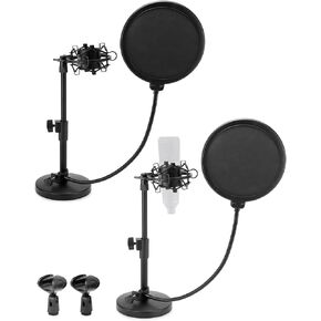 QWORK Desktop Adjustable Microphone Stand with Double Layer Pop Filter, Universal Shock Mount, Metal Screw Adapter - Compatible with Blue Yeti, AT2020, HyperX QuadCast - Streaming and Recording 2 Pack