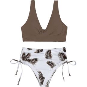 Floerns Women's 2 Piece Solid V Neck Bra and Tropical Print High Waist Bottoms Bikini Swimsuit Set