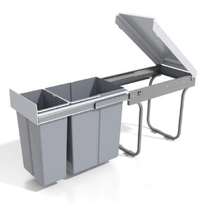 MYOYAY Double Pull Out Under Cabinet Trash Can with Lid 10L + 20L (8 Gallon) Kitchen Cabinet Garbage Can Sliding Out Under Counter Waste Bin, 30 Liters