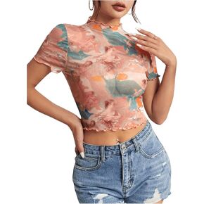 SOLY HUX Women's Figure Graphic Lettuce Trim Crop Top Mesh Sheer Long Sleeve Sexy Tee Shirts Tops