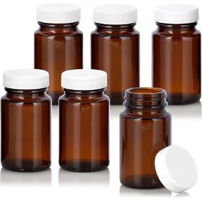 JUVITUS 2.5 oz / 75 ml Amber Glass Wide Mouth Packer Bottle with White Ribbed Lid (6 Pack)