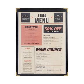 Menu Covers, Single Page, 1 Pocket, 2 View, for 8.5" x 11" Letter Size Paper, Pack of 6, Black Edging + Gold Metal Corner, Made with Leatherette & Vinyl