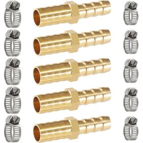 Brass Hose Barb Reducer 3/4" (20mm) to 3/8" (10mm) Reducing Barb Splicer Mender with Stainless Steel Pipe Clamps air Hose Repair kit for Pipe Line/Fuel/Air (Pack of 5)