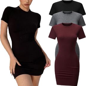 Chongbaijia 3 حزمة المرأة الصيف Bodycon فساتين طاقم الرقبة قصيرة الأكمام عادية تي شيرت فستان نادي الحفلات فستان Bodycon صغير