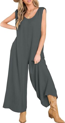 جمبسوت نسائي صيفي غير رسمي من DEEP SELF بدون أكمام ورقبة على شكل V وأرجل واسعة وطويلة فضفاضة مع جيوب in Kuwait