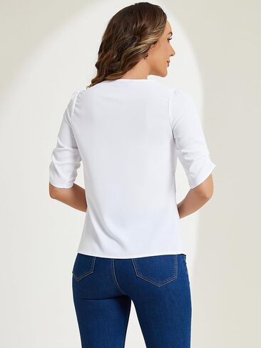 Allegra K Women's 2023 Square Neck Pleated Tops Ruched Sleeve Chiffon Office Work Blouse in Saudi Arabia