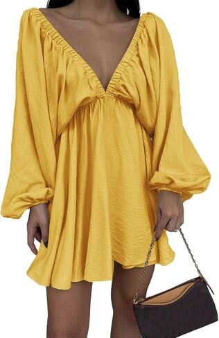 فستان LOFAAC النسائي المثير ذو الرقبة على شكل V وأكمام طويلة منتفخة فستان قصير بدون ظهر عالي الخصر مكشكش للحفلات والنوادي الخريف in Saudi Arabia