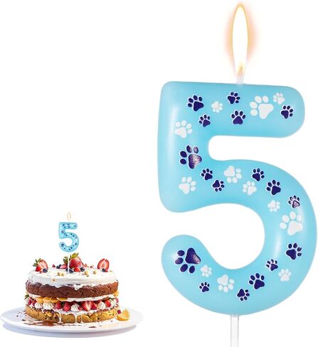Paw Print Birthday Candle, 4.13x1.57in Pet Dog Cat Birthday Candle Party Decor Blue Cupcake Candle Topper Paw Print Candle for Birthday Cake Pet Theme Party Decor in Kuwait