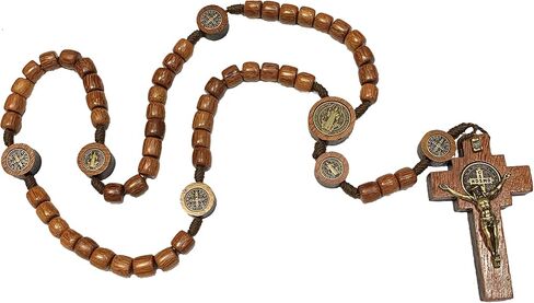 Silver Cross Necklace with Wood Beads Rosary I Religious Wear Saint Benedict I Black Cross Necklace for Men and Women I Wooden Cross Necklace for Men I Silver Cross Necklace - 20 Inch in Saudi Arabia