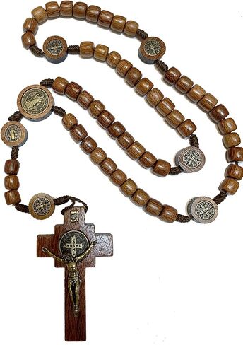 Silver Cross Necklace with Wood Beads Rosary I Religious Wear Saint Benedict I Black Cross Necklace for Men and Women I Wooden Cross Necklace for Men I Silver Cross Necklace - 20 Inch in Saudi Arabia