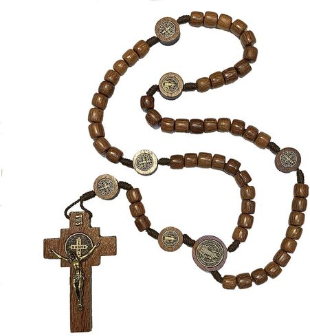 Silver Cross Necklace with Wood Beads Rosary I Religious Wear Saint Benedict I Black Cross Necklace for Men and Women I Wooden Cross Necklace for Men I Silver Cross Necklace - 20 Inch in Saudi Arabia