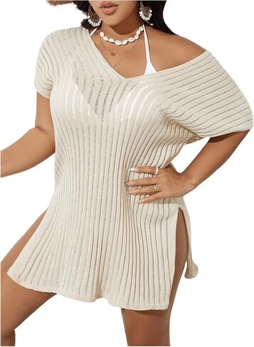 Milumia Women's Plus Size Swimsuit Coverup Short Sleeve Knit Beach Cover Up Dress Swimwear in Saudi Arabia