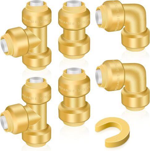 Push Fittings 3/4 Inch, 6pcs Push-to-Connect Fittings, No Lead Brass 3/4'' Plumbing Fittings Coupling Fitting(2pcs), Elbow Fitting(2pcs), Tee Fitting(2pcs), Quick Fittings with Disconnect Clip in Saudi Arabia