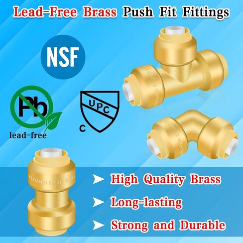 Push Fittings 3/4 Inch, 6pcs Push-to-Connect Fittings, No Lead Brass 3/4'' Plumbing Fittings Coupling Fitting(2pcs), Elbow Fitting(2pcs), Tee Fitting(2pcs), Quick Fittings with Disconnect Clip in Saudi Arabia