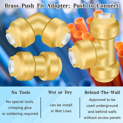 Push Fittings 3/4 Inch, 6pcs Push-to-Connect Fittings, No Lead Brass 3/4'' Plumbing Fittings Coupling Fitting(2pcs), Elbow Fitting(2pcs), Tee Fitting(2pcs), Quick Fittings with Disconnect Clip in Saudi Arabia