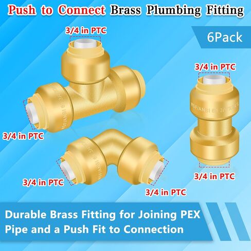 Push Fittings 3/4 Inch, 6pcs Push-to-Connect Fittings, No Lead Brass 3/4'' Plumbing Fittings Coupling Fitting(2pcs), Elbow Fitting(2pcs), Tee Fitting(2pcs), Quick Fittings with Disconnect Clip in Saudi Arabia