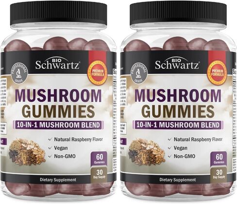 Mushroom Gummies for Adults - 10-in-1 Functional Mushroom Supplement for Mood and Focus with Lions Mane Turkey Tail Cordyceps Shiitake Reishi Mushrooms - Vegan, Non-GMO, Raspberry Flavor, 60 Count in Saudi Arabia
