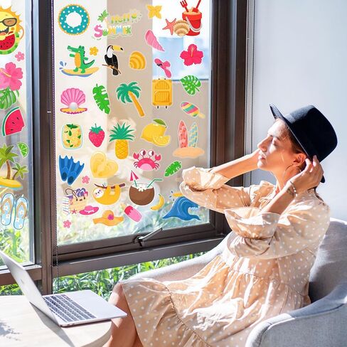 Summer Window Clings 4 Sheets Summer Beach Windows Decals Stickers Hawaii Tropical Window Stickers Pool Party Decorations for Home Office School Glass Refrigerator Shop Display Decor Party Supplies in Kuwait