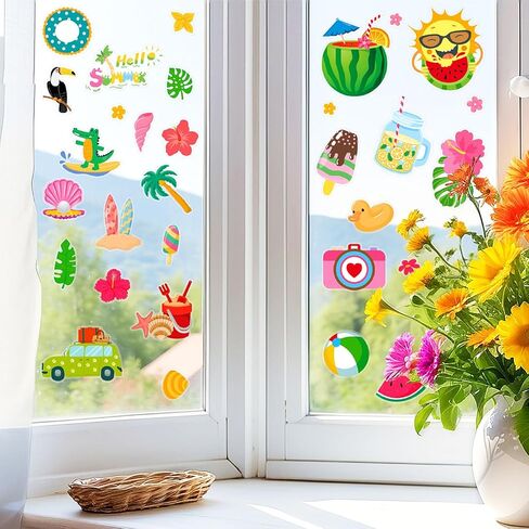 Summer Window Clings 4 Sheets Summer Beach Windows Decals Stickers Hawaii Tropical Window Stickers Pool Party Decorations for Home Office School Glass Refrigerator Shop Display Decor Party Supplies in Kuwait