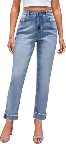 جينز GRAPENT للنساء عصري بخصر عالٍ بنطال جينز مستقيم الأرجل للأمهات بنطلون جينز قابل للتمدد مع جيوب in Kuwait