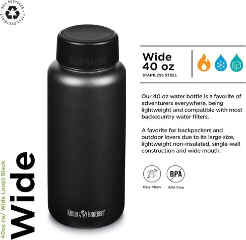 زجاجة مياه من الفولاذ المقاوم للصدأ ذات جدار واحد واسعة الفم من Klean Kanteen (مع غطاء بحلقة واسعة) - 40 أونصة - أسود in Kuwait